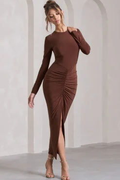 Katy | Chocolate Ruched Long-Sleeve Split Maxi Dress