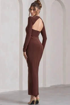 Katy | Chocolate Ruched Long-Sleeve Split Maxi Dress
