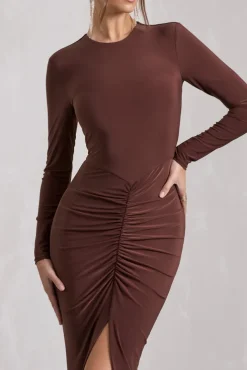 Katy | Chocolate Ruched Long-Sleeve Split Maxi Dress
