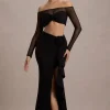 Kavi | Black Ruched Split Maxi Skirt