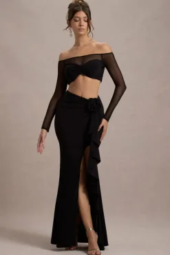 Kavi | Black Ruched Split Maxi Skirt