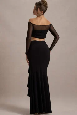 Kavi | Black Ruched Split Maxi Skirt