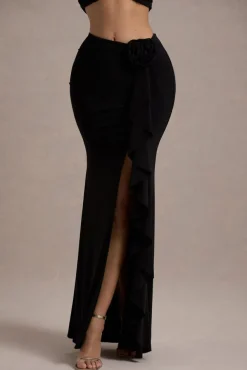 Kavi | Black Ruched Split Maxi Skirt