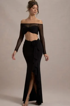 Kavi | Black Ruched Split Maxi Skirt