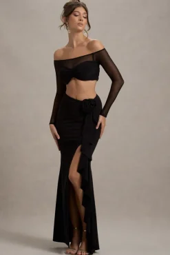 Kavi | Black Ruched Split Maxi Skirt