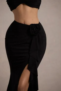 Kavi | Black Ruched Split Maxi Skirt