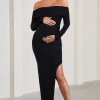Kaylee | Black Ruched Strapless Long-Sleeved Split Maternity Maxi Dress