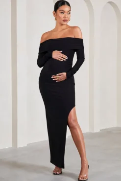 Kaylee | Black Ruched Strapless Long-Sleeved Split Maternity Maxi Dress