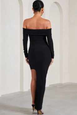 Kaylee | Black Ruched Strapless Long-Sleeved Split Maternity Maxi Dress
