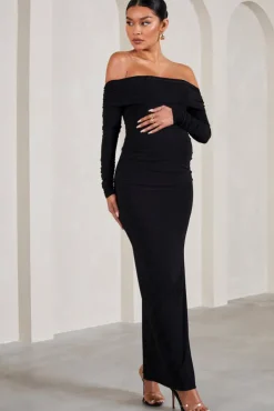 Kaylee | Black Ruched Strapless Long-Sleeved Split Maternity Maxi Dress