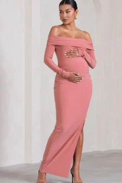 Kaylee | Blush Pink Ruched Strapless Long-Sleeved Split Maternity Maxi Dress