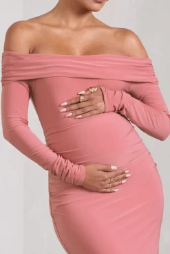 Kaylee | Blush Pink Ruched Strapless Long-Sleeved Split Maternity Maxi Dress
