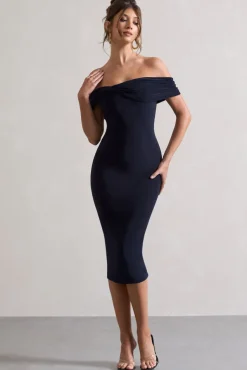 Keely | Navy Bodycon Twisted Bardot Midi Dress