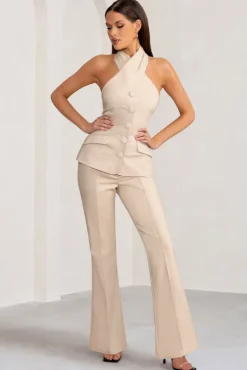 Kehlani | Stone High Waist Wide Leg Trousers