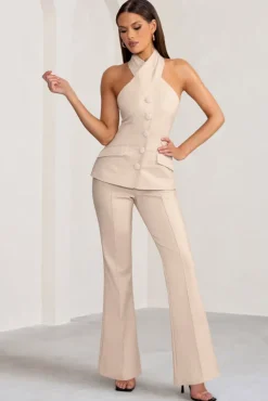 Kehlani | Stone High Waist Wide Leg Trousers