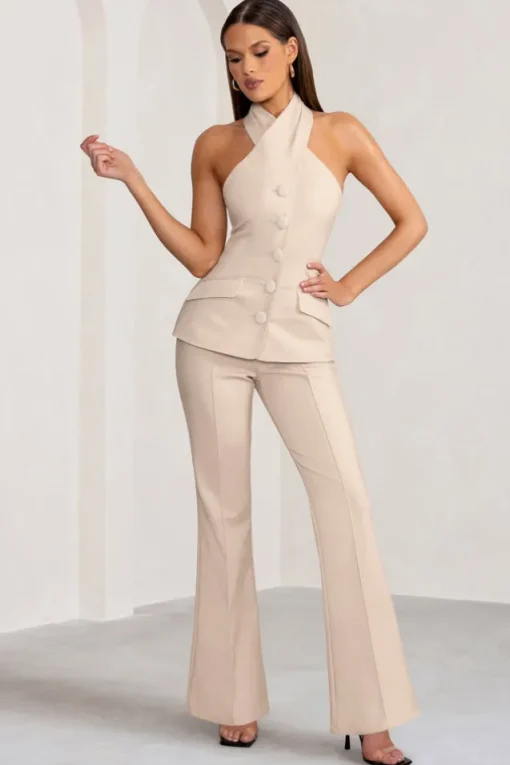 Kehlani | Stone High Waist Wide Leg Trousers