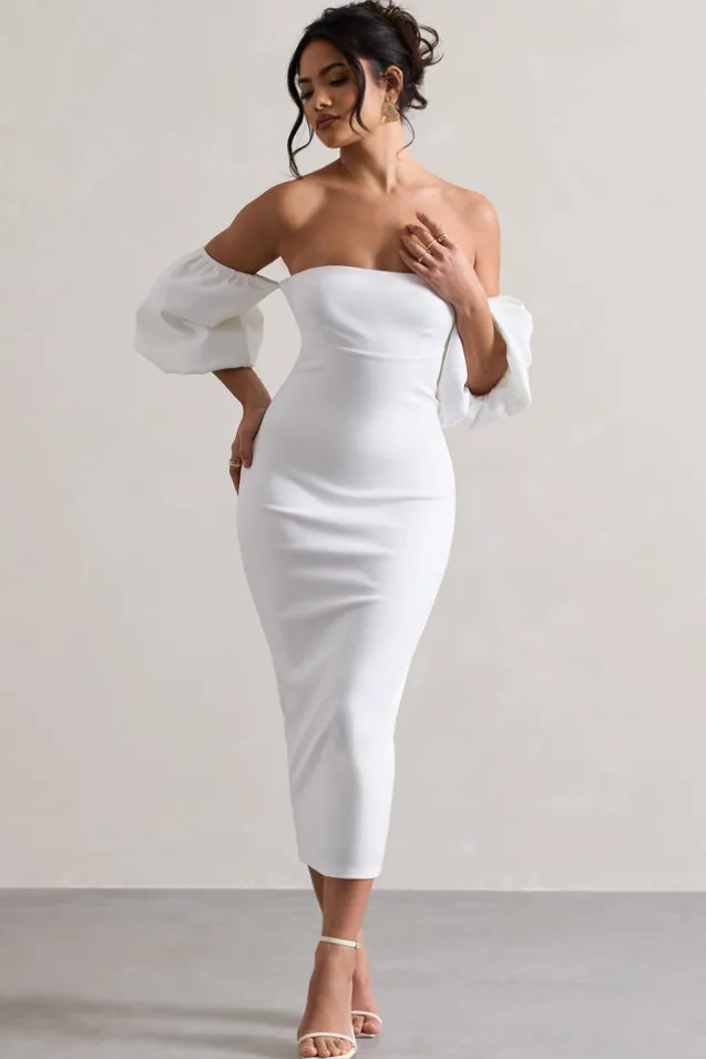 Keira | White Bardot Puff-Sleeve Midi Dress