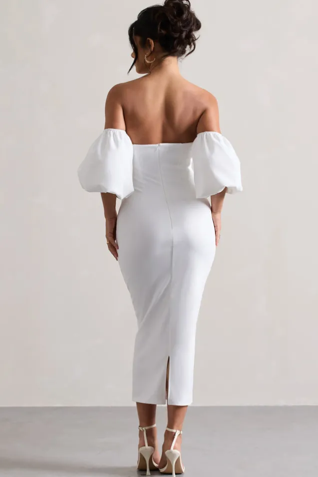 Keira | White Bardot Puff-Sleeve Midi Dress