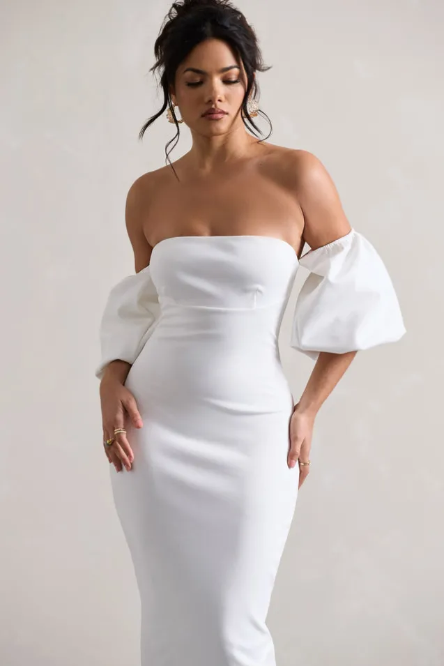 Keira | White Bardot Puff-Sleeve Midi Dress