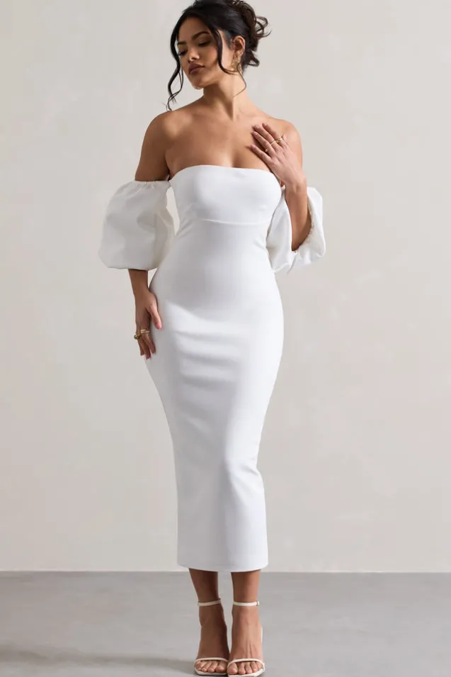 Keira | White Bardot Puff-Sleeve Midi Dress