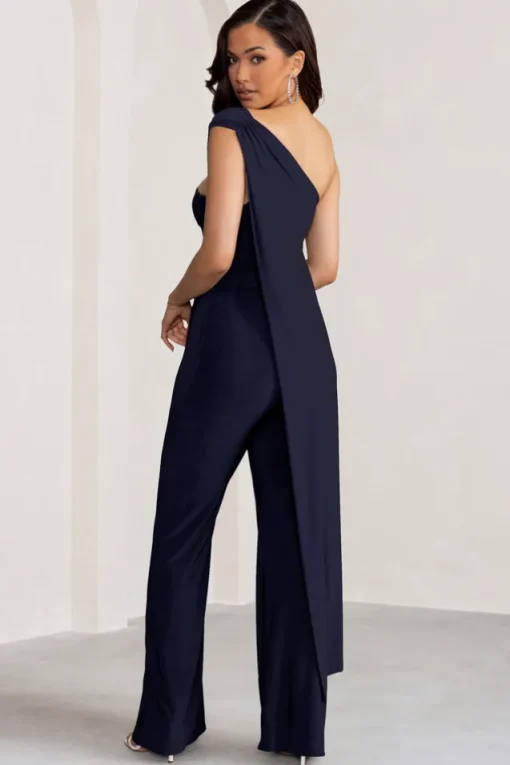 Kendra | Navy Asymmetric Bandeau Jumpsuit with Drape