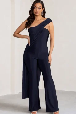 Kendra | Navy Asymmetric Bandeau Jumpsuit with Drape