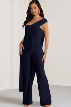 Kendra | Navy Asymmetric Bandeau Jumpsuit with Drape