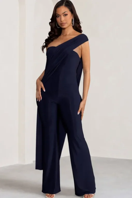 Kendra | Navy Asymmetric Bandeau Jumpsuit with Drape