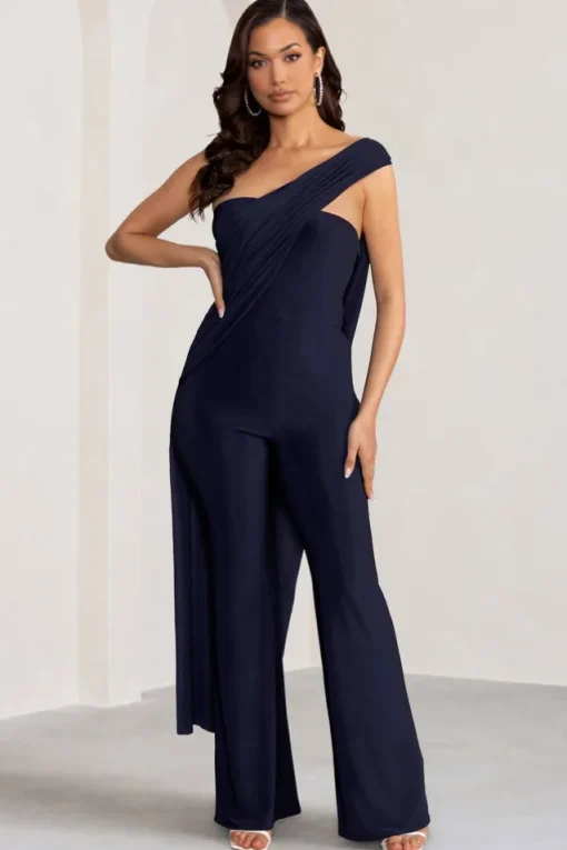 Kendra | Navy Asymmetric Bandeau Jumpsuit with Drape