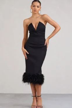 Kensington | Black Bodycon Midi Dress With Statement Feather Trim
