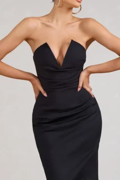 Kensington | Black Bodycon Midi Dress With Statement Feather Trim