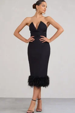 Kensington | Black Bodycon Midi Dress With Statement Feather Trim