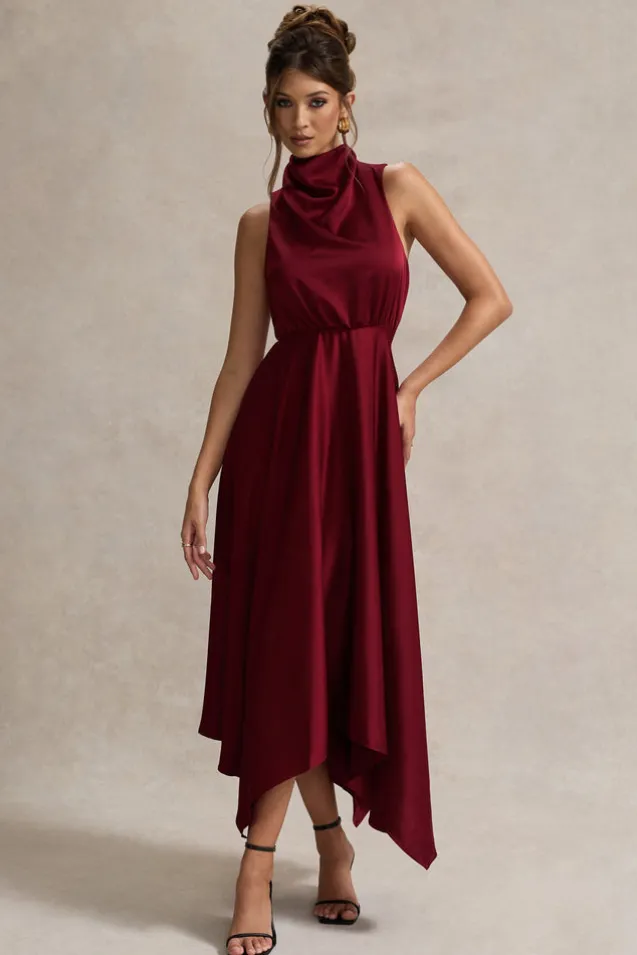 Kerri | Berry Satin Cowl-Neck Maxi Dress