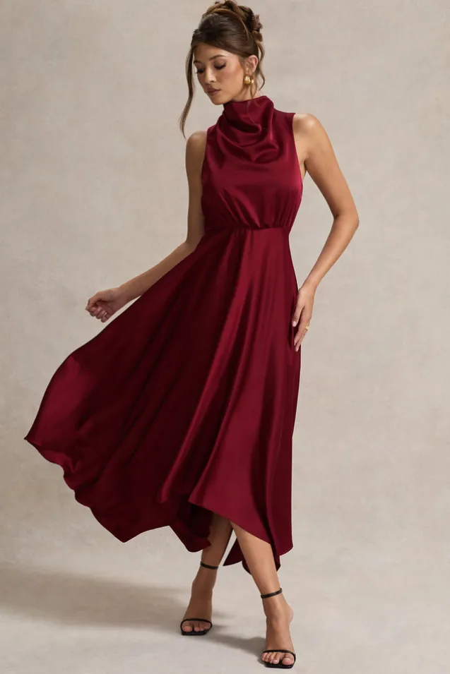 Kerri | Berry Satin Cowl-Neck Maxi Dress