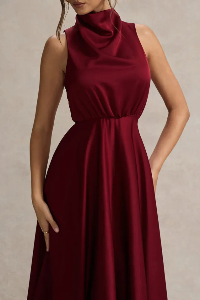 Kerri | Berry Satin Cowl-Neck Maxi Dress