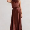 Kerri | Chocolate Brown Satin Cowl-Neck Maxi Dress