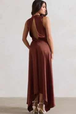 Kerri | Chocolate Brown Satin Cowl-Neck Maxi Dress