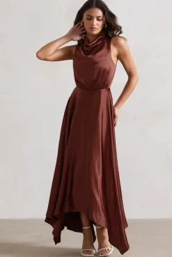 Kerri | Chocolate Brown Satin Cowl-Neck Maxi Dress
