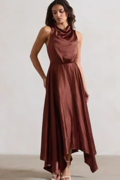 Kerri | Chocolate Brown Satin Cowl-Neck Maxi Dress