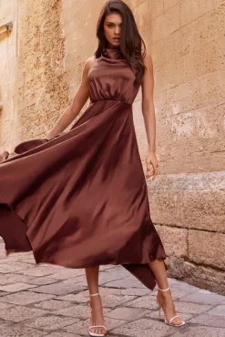 Kerri | Chocolate Brown Satin Cowl-Neck Maxi Dress