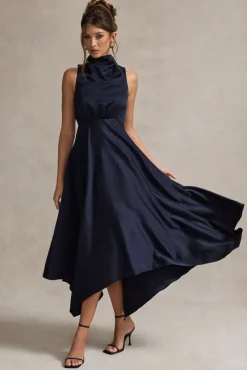 Kerri | Navy Satin Cowl-Neck Maxi Dress