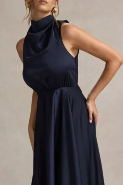 Kerri | Navy Satin Cowl-Neck Maxi Dress