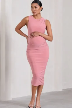 Kerry | Blush Pink High-Neck Sleeveless Maternity Midi Dress