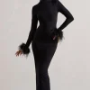 Khalia | Black High-Neck Feather-Cuff Maxi Dress
