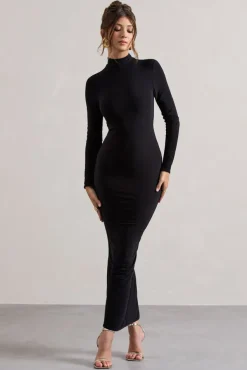 Khalia | Black High-Neck Feather-Cuff Maxi Dress