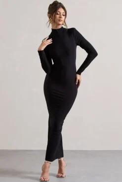 Khalia | Black High-Neck Feather-Cuff Maxi Dress