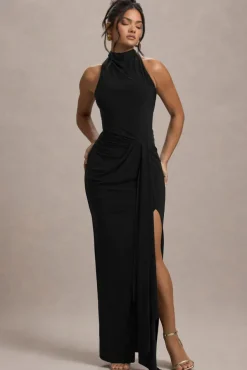 Khari | Black High-Neck Twisted Maxi Dress With Drape