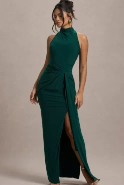 Khari | Bottle Green High-Neck Twisted Maxi Dress With Drape