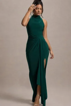 Khari | Bottle Green High-Neck Twisted Maxi Dress With Drape