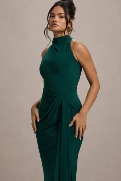 Khari | Bottle Green High-Neck Twisted Maxi Dress With Drape